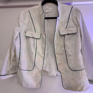 Messy Cream Tweed Jacket Pearl Buttons Green Trim Cropped Structured Blazer